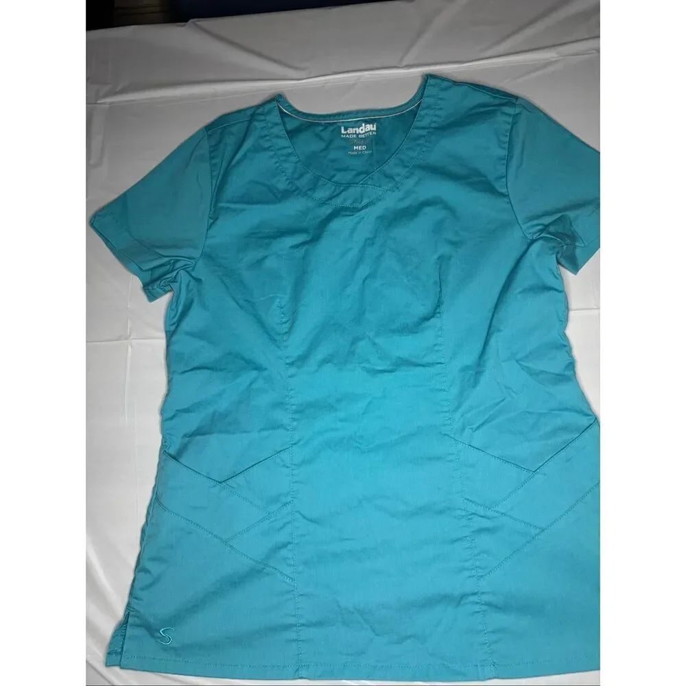 Landau Teal Blue Colored Short Sleeve Scrub Top Size Medium